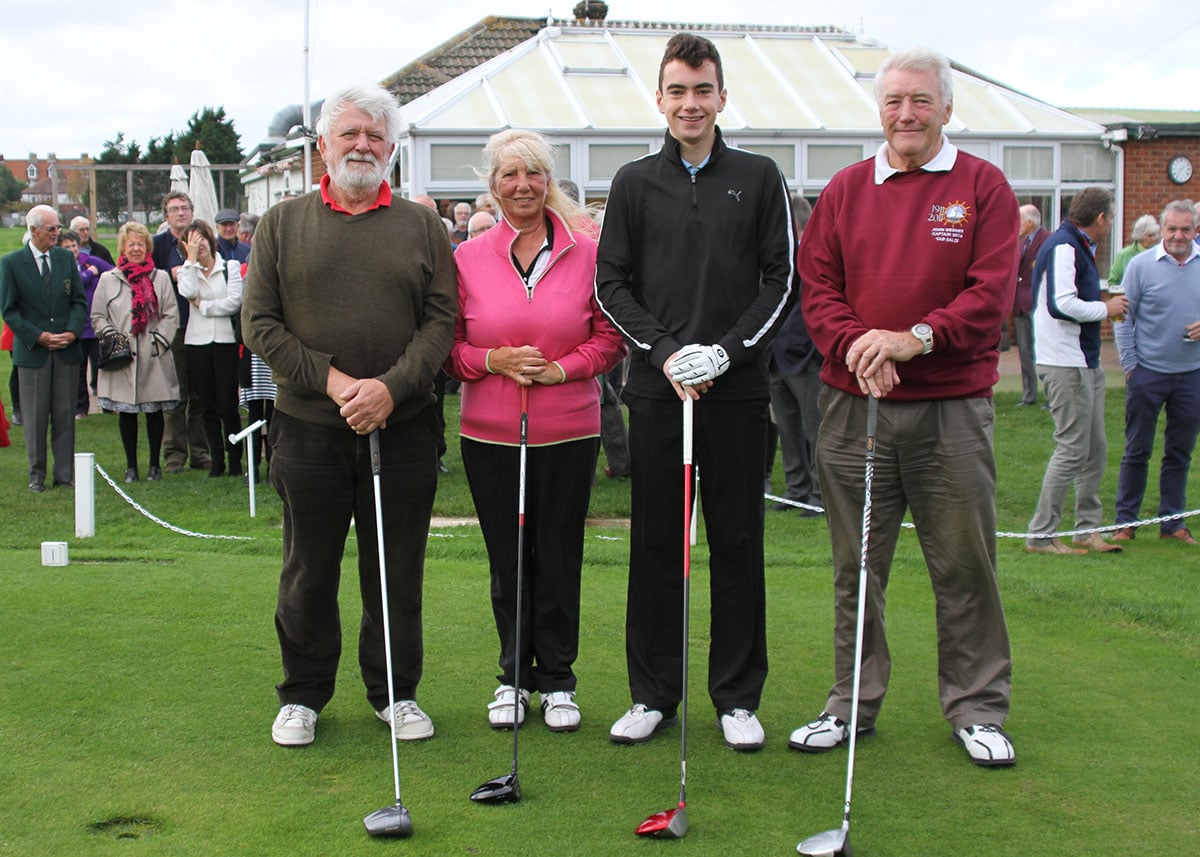The four captains for 2015/6 season ready to hit their drives on the first tee. From left to right: Bob Ireland, mens captain; Joan Sykes, ladies captain; Jack Green, junior captain; John Wegner, Old Salts captain.